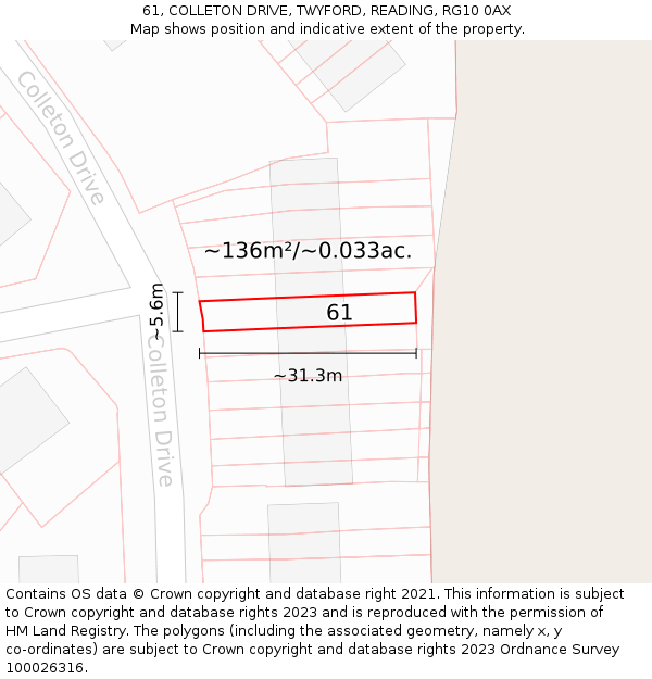 61, COLLETON DRIVE, TWYFORD, READING, RG10 0AX: Plot and title map