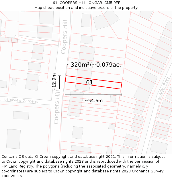 61, COOPERS HILL, ONGAR, CM5 9EF: Plot and title map