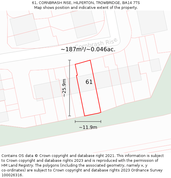 61, CORNBRASH RISE, HILPERTON, TROWBRIDGE, BA14 7TS: Plot and title map