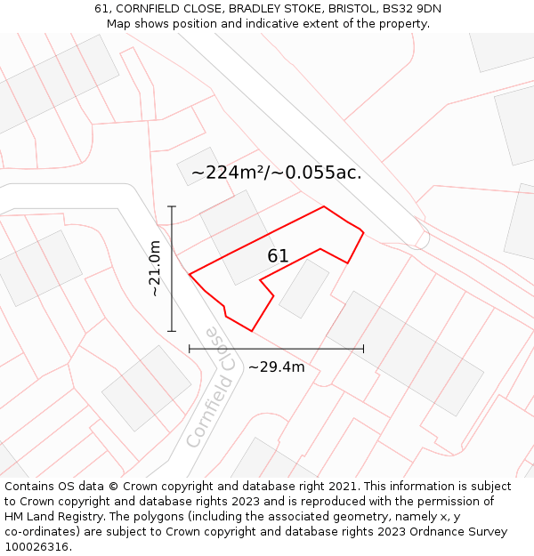 61, CORNFIELD CLOSE, BRADLEY STOKE, BRISTOL, BS32 9DN: Plot and title map