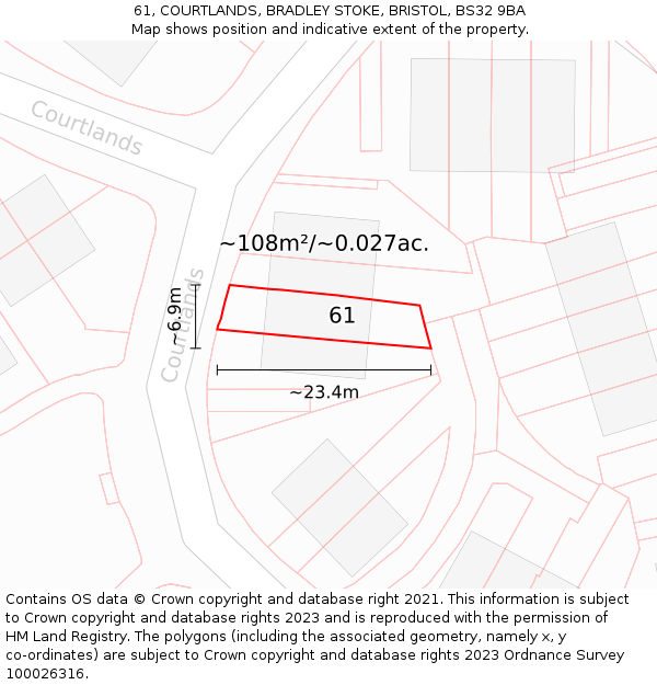 61, COURTLANDS, BRADLEY STOKE, BRISTOL, BS32 9BA: Plot and title map