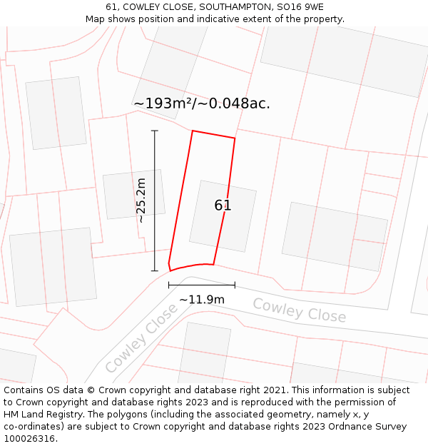 61, COWLEY CLOSE, SOUTHAMPTON, SO16 9WE: Plot and title map
