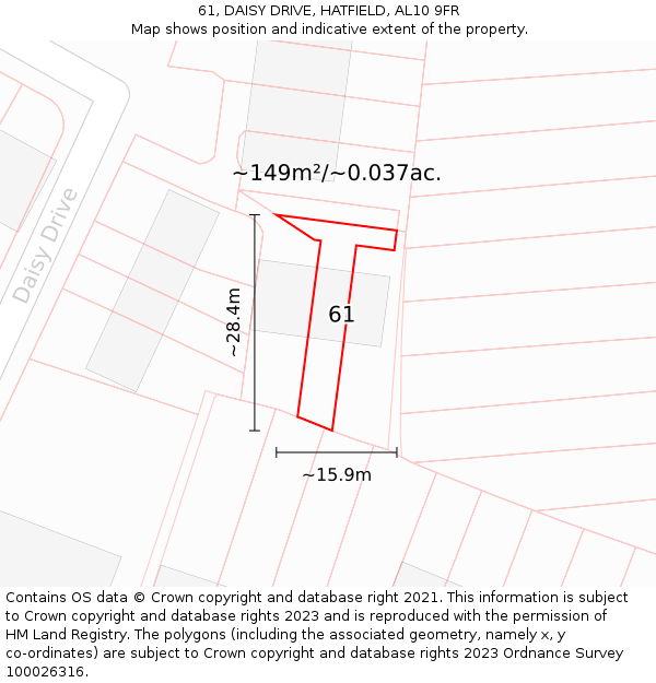 61, DAISY DRIVE, HATFIELD, AL10 9FR: Plot and title map