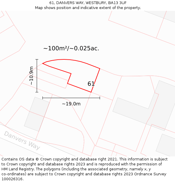 61, DANVERS WAY, WESTBURY, BA13 3UF: Plot and title map