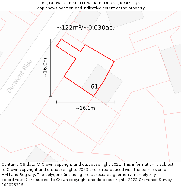 61, DERWENT RISE, FLITWICK, BEDFORD, MK45 1QR: Plot and title map