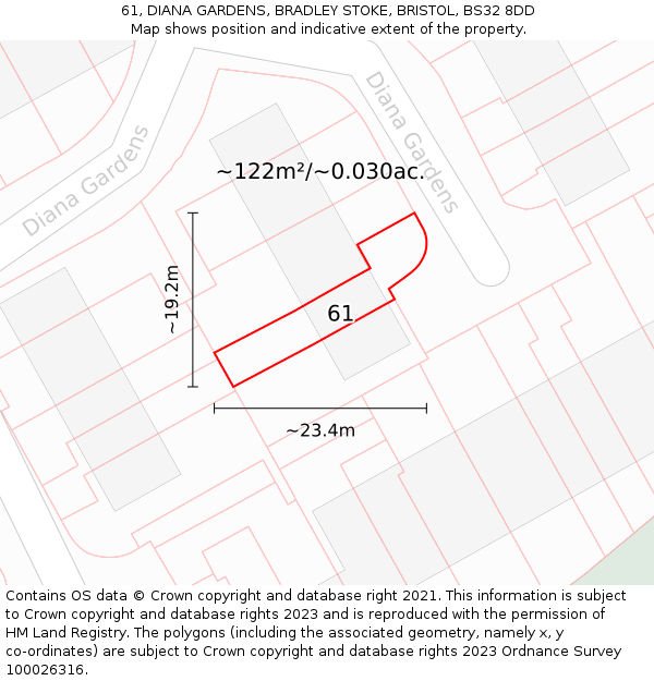 61, DIANA GARDENS, BRADLEY STOKE, BRISTOL, BS32 8DD: Plot and title map