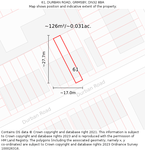 61, DURBAN ROAD, GRIMSBY, DN32 8BA: Plot and title map