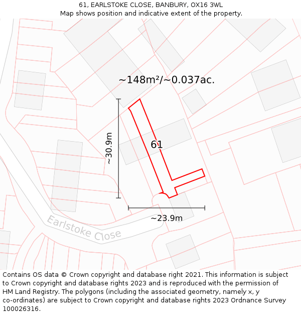 61, EARLSTOKE CLOSE, BANBURY, OX16 3WL: Plot and title map