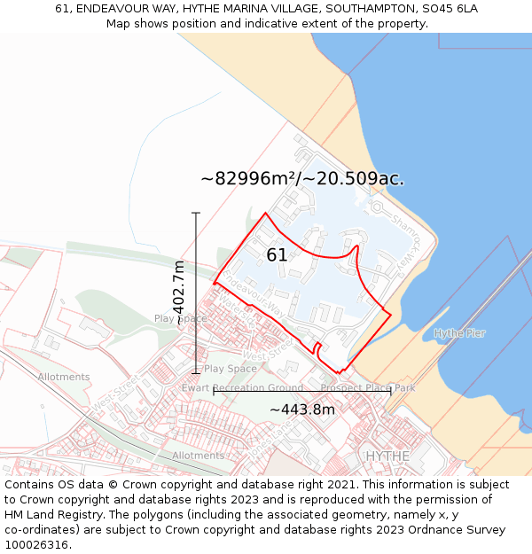 61, ENDEAVOUR WAY, HYTHE MARINA VILLAGE, SOUTHAMPTON, SO45 6LA: Plot and title map