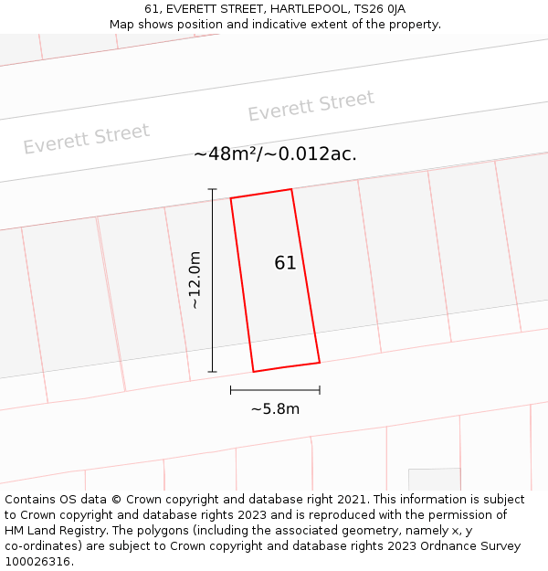 61, EVERETT STREET, HARTLEPOOL, TS26 0JA: Plot and title map