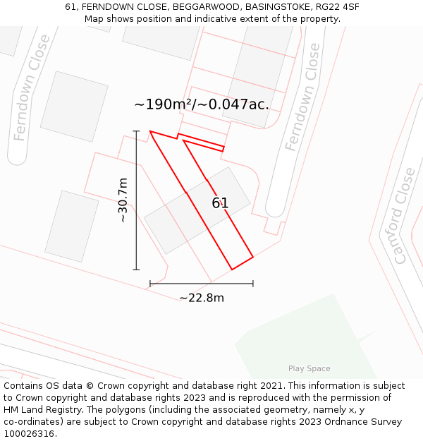 61, FERNDOWN CLOSE, BEGGARWOOD, BASINGSTOKE, RG22 4SF: Plot and title map