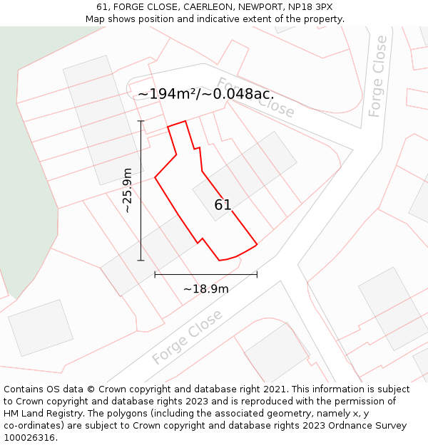 61, FORGE CLOSE, CAERLEON, NEWPORT, NP18 3PX: Plot and title map