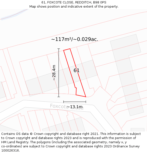 61, FOXCOTE CLOSE, REDDITCH, B98 0PS: Plot and title map