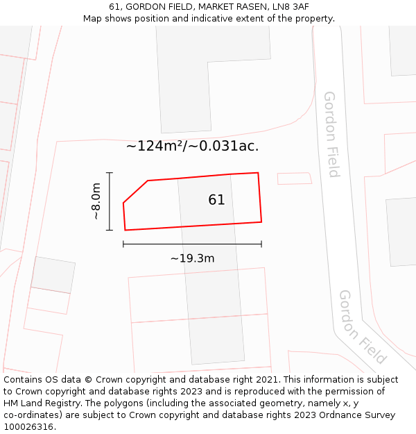 61, GORDON FIELD, MARKET RASEN, LN8 3AF: Plot and title map