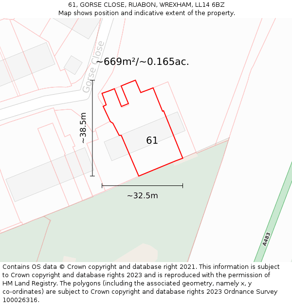61, GORSE CLOSE, RUABON, WREXHAM, LL14 6BZ: Plot and title map