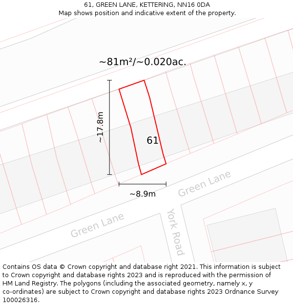 61, GREEN LANE, KETTERING, NN16 0DA: Plot and title map