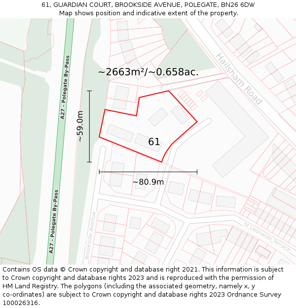 61, GUARDIAN COURT, BROOKSIDE AVENUE, POLEGATE, BN26 6DW: Plot and title map