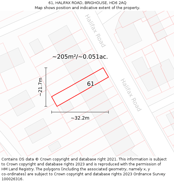 61, HALIFAX ROAD, BRIGHOUSE, HD6 2AQ: Plot and title map