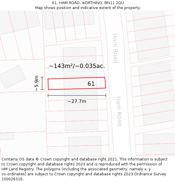 61, HAM ROAD, WORTHING, BN11 2QU: Plot and title map