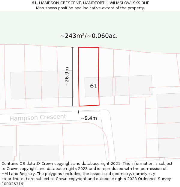 61, HAMPSON CRESCENT, HANDFORTH, WILMSLOW, SK9 3HF: Plot and title map