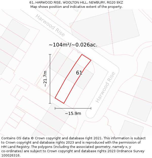 61, HARWOOD RISE, WOOLTON HILL, NEWBURY, RG20 9XZ: Plot and title map