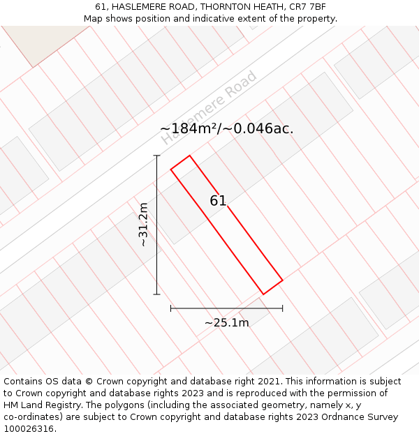61, HASLEMERE ROAD, THORNTON HEATH, CR7 7BF: Plot and title map