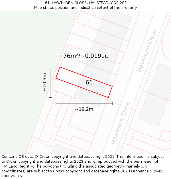 61, HAWTHORN CLOSE, HALSTEAD, CO9 2SF: Plot and title map