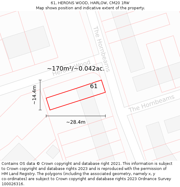 61, HERONS WOOD, HARLOW, CM20 1RW: Plot and title map