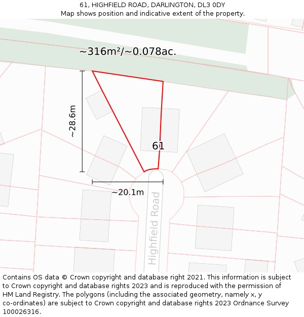 61, HIGHFIELD ROAD, DARLINGTON, DL3 0DY: Plot and title map