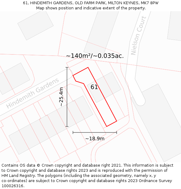 61, HINDEMITH GARDENS, OLD FARM PARK, MILTON KEYNES, MK7 8PW: Plot and title map