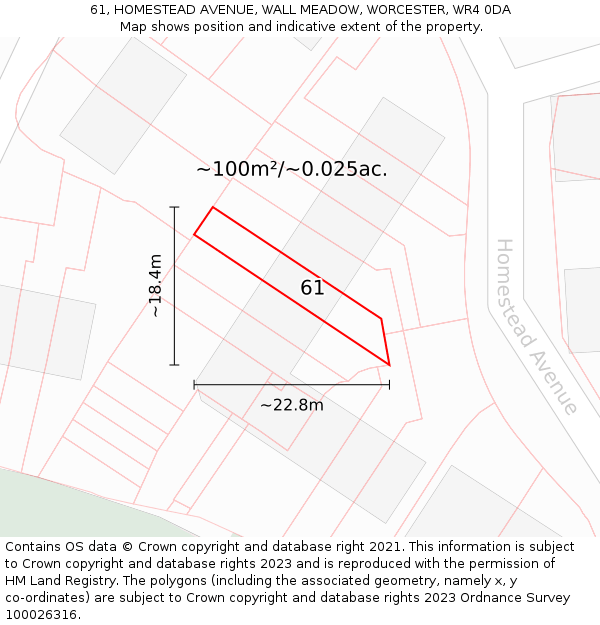 61, HOMESTEAD AVENUE, WALL MEADOW, WORCESTER, WR4 0DA: Plot and title map