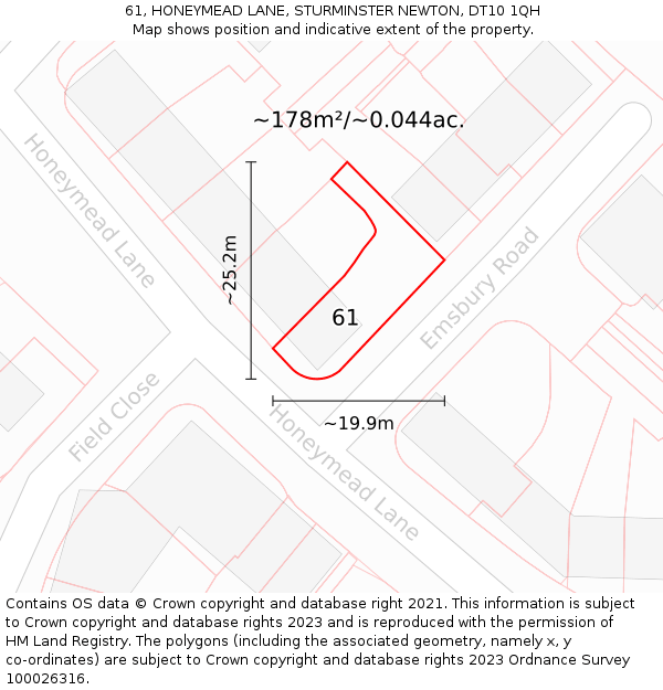 61, HONEYMEAD LANE, STURMINSTER NEWTON, DT10 1QH: Plot and title map