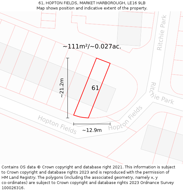 61, HOPTON FIELDS, MARKET HARBOROUGH, LE16 9LB: Plot and title map