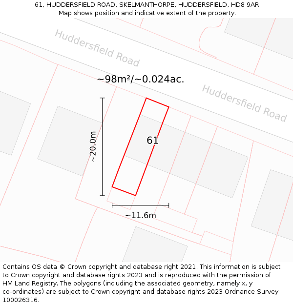 61, HUDDERSFIELD ROAD, SKELMANTHORPE, HUDDERSFIELD, HD8 9AR: Plot and title map