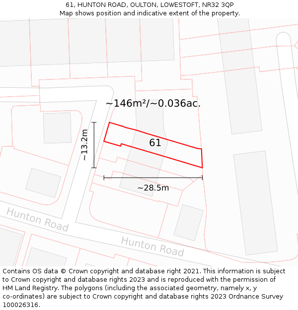 61, HUNTON ROAD, OULTON, LOWESTOFT, NR32 3QP: Plot and title map