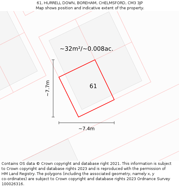 61, HURRELL DOWN, BOREHAM, CHELMSFORD, CM3 3JP: Plot and title map