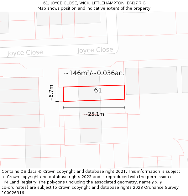 61, JOYCE CLOSE, WICK, LITTLEHAMPTON, BN17 7JG: Plot and title map