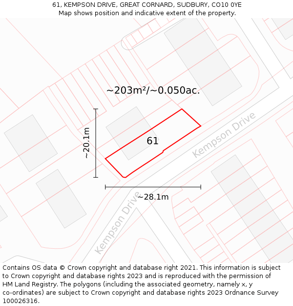61, KEMPSON DRIVE, GREAT CORNARD, SUDBURY, CO10 0YE: Plot and title map