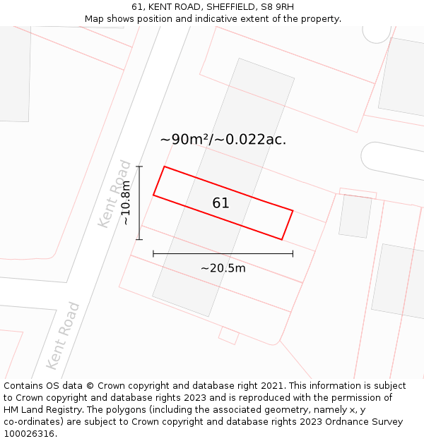 61, KENT ROAD, SHEFFIELD, S8 9RH: Plot and title map