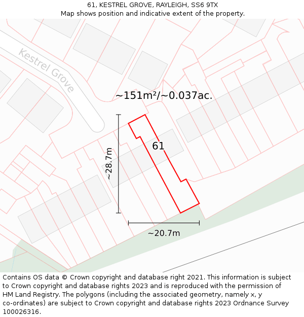 61, KESTREL GROVE, RAYLEIGH, SS6 9TX: Plot and title map