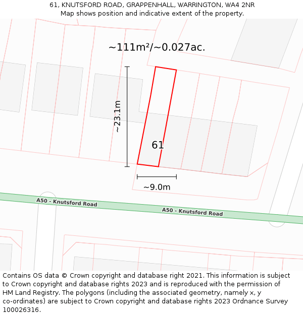 61, KNUTSFORD ROAD, GRAPPENHALL, WARRINGTON, WA4 2NR: Plot and title map