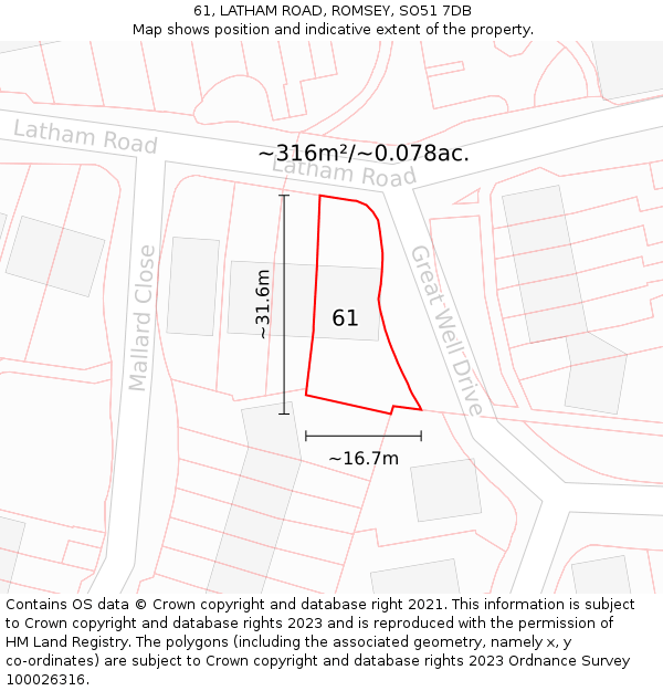 61, LATHAM ROAD, ROMSEY, SO51 7DB: Plot and title map