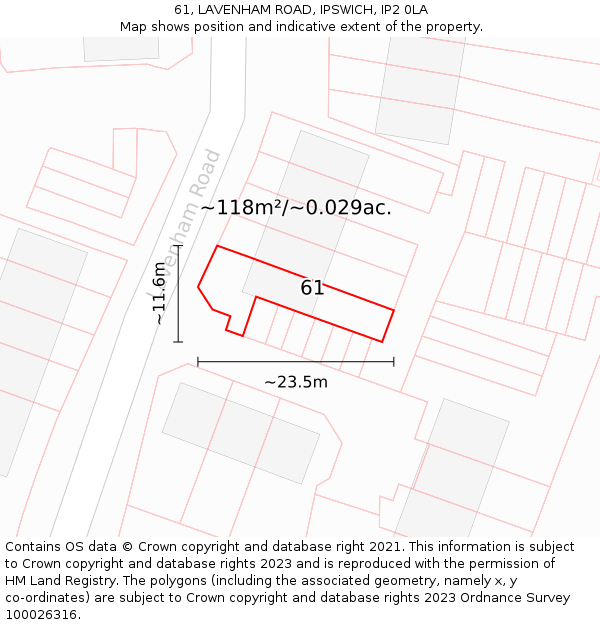 61, LAVENHAM ROAD, IPSWICH, IP2 0LA: Plot and title map