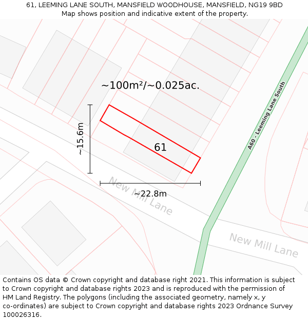61, LEEMING LANE SOUTH, MANSFIELD WOODHOUSE, MANSFIELD, NG19 9BD: Plot and title map