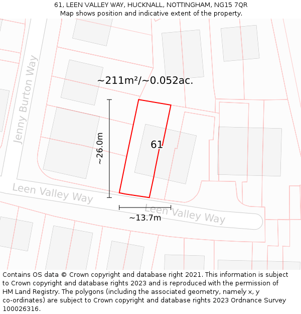 61, LEEN VALLEY WAY, HUCKNALL, NOTTINGHAM, NG15 7QR: Plot and title map