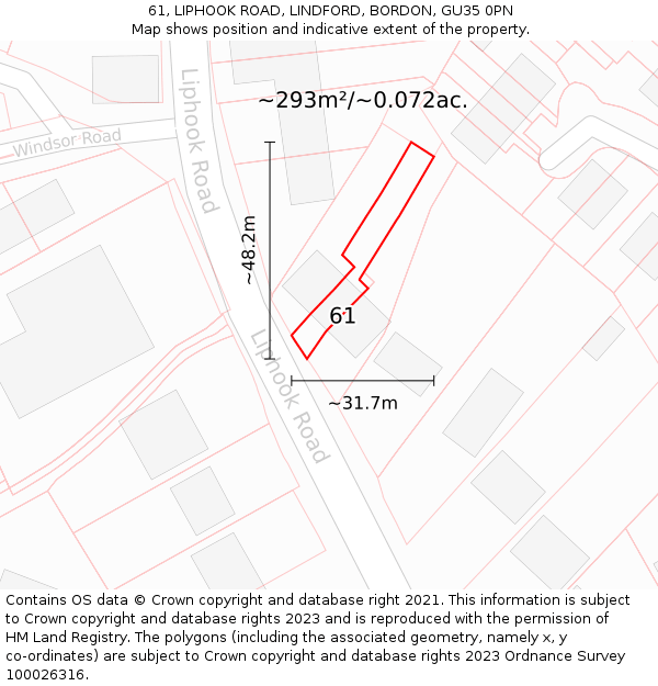 61, LIPHOOK ROAD, LINDFORD, BORDON, GU35 0PN: Plot and title map