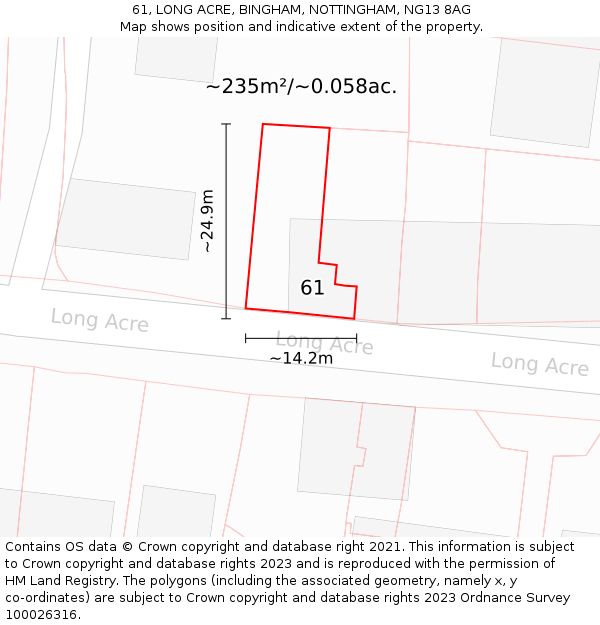 61, LONG ACRE, BINGHAM, NOTTINGHAM, NG13 8AG: Plot and title map
