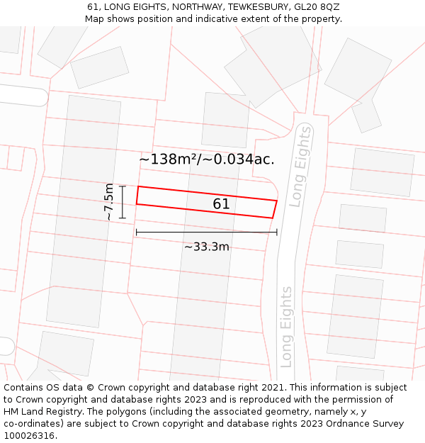 61, LONG EIGHTS, NORTHWAY, TEWKESBURY, GL20 8QZ: Plot and title map