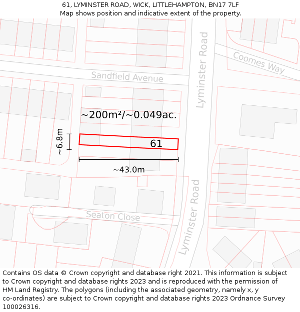 61, LYMINSTER ROAD, WICK, LITTLEHAMPTON, BN17 7LF: Plot and title map