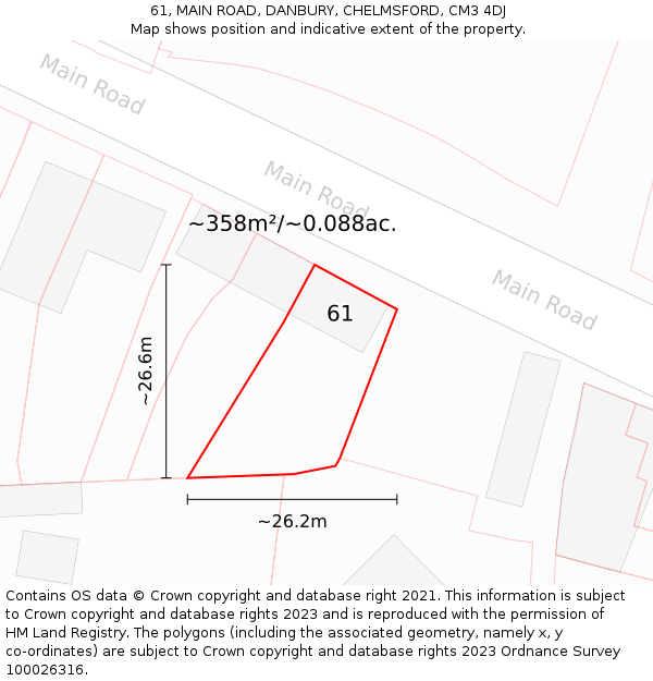 61, MAIN ROAD, DANBURY, CHELMSFORD, CM3 4DJ: Plot and title map